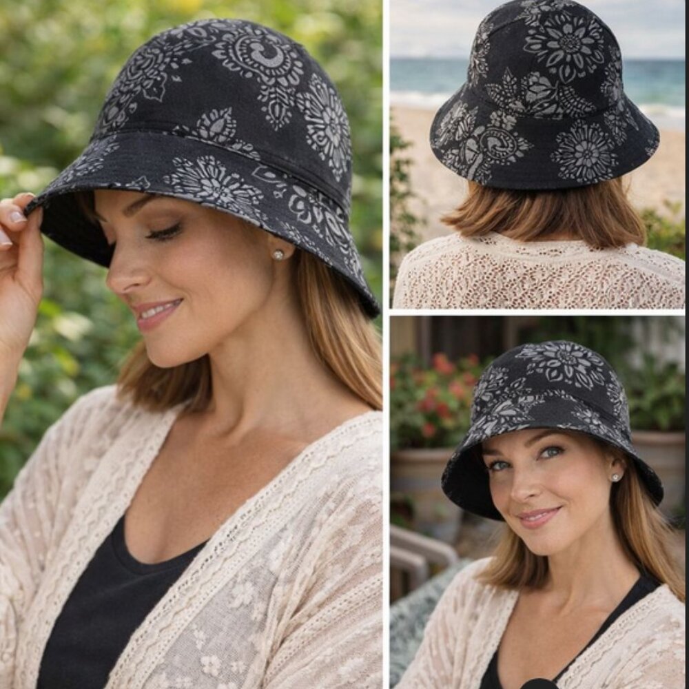 Black Cotton Cloche Hat with Floral Print — Lightweight Artisan Style - Picture 4 of 9